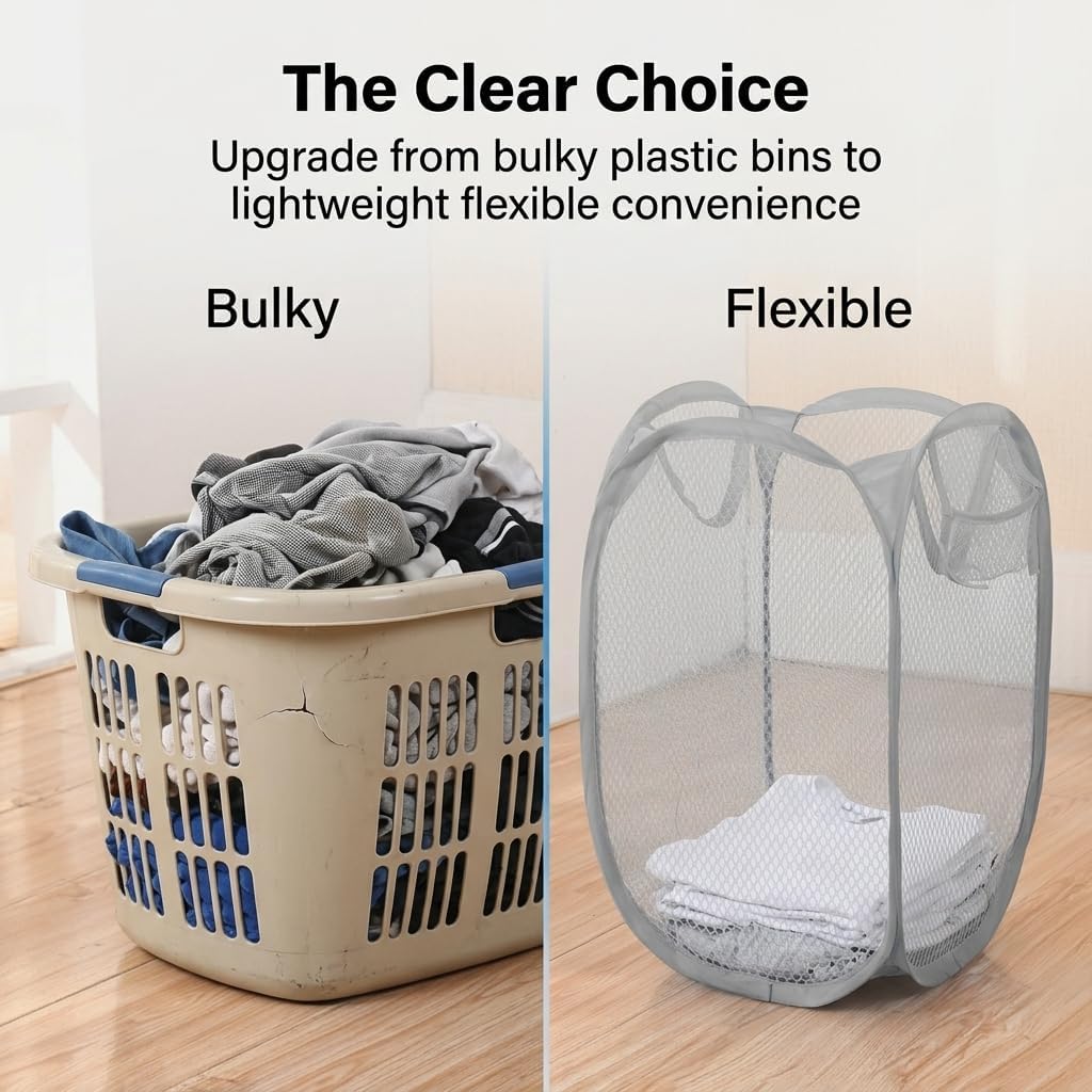 Foldable Laundry Hamper Portable Mesh Clothes Basket For Dirty Laundry Lightweight Collapsible Design Gray