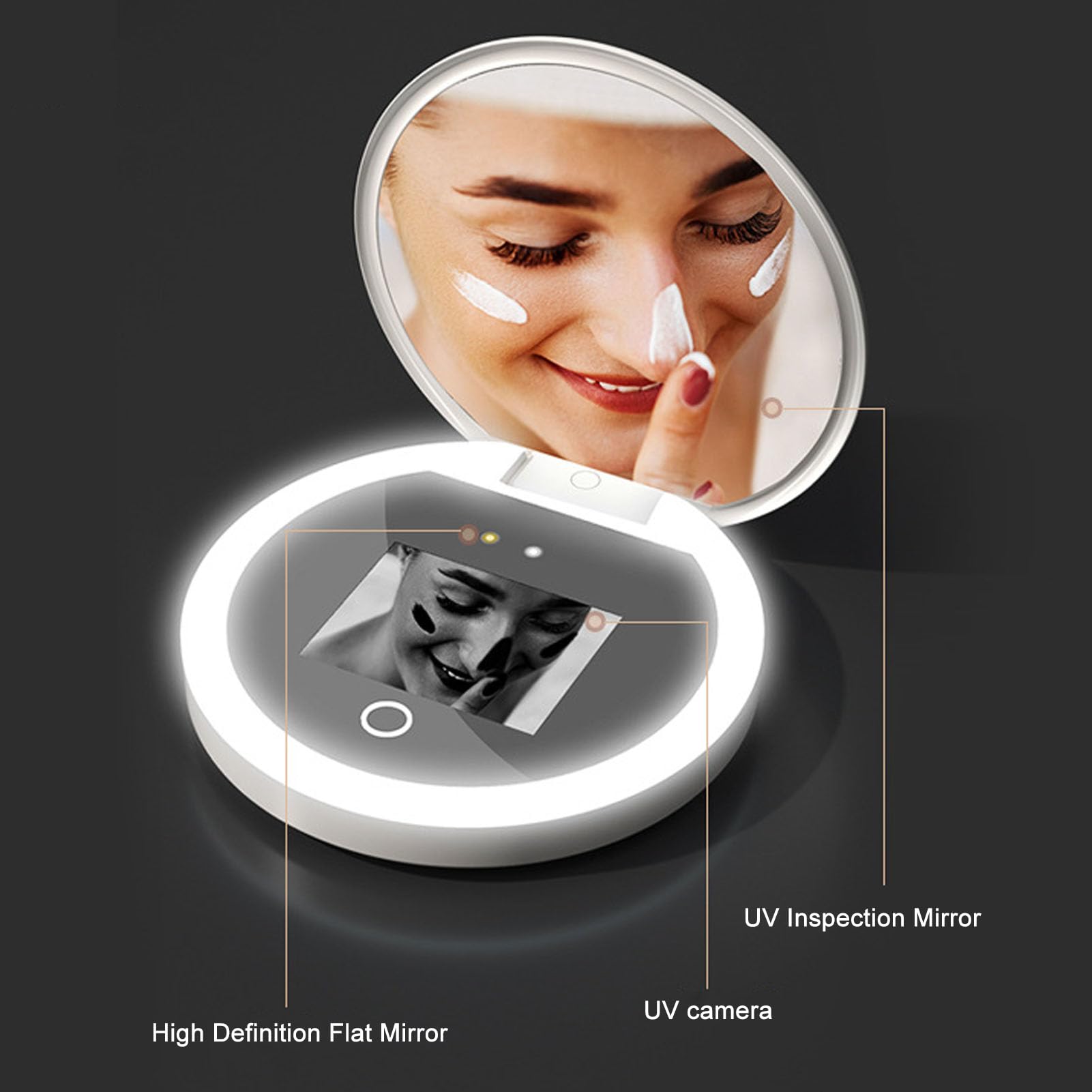 Miroir Cosmétique UV, Miroir Portable Double Face 2X Grossissement avec Caméra UV, Protection Solaire, Miroir de Voyage Pliable 3,8 Pouces pour Soins de la Peau