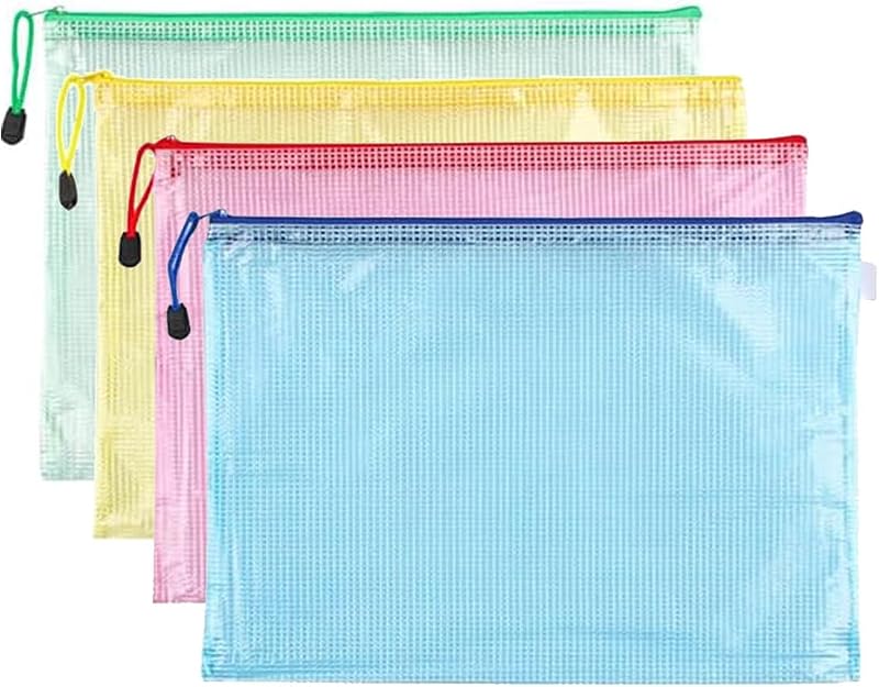 Mesh Zipper Pouch Bags, 4Pcs Waterproof Storage Bags for Organizing | Plastic Bags for School Office Supplies , Home Organize, Travel, Toys, Puzzle, Board Games