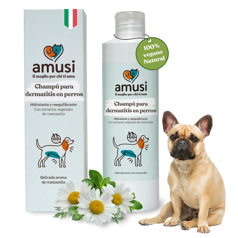 amusi Champú Perros Dermatitis y Picores Perfumado, Made in Italy - Champu Perros Piel Sensible, Efecto Calmante para el Cuero Cabelludo Sensible - Ideal para Todo Tipo de Dermatitis | 250 ml