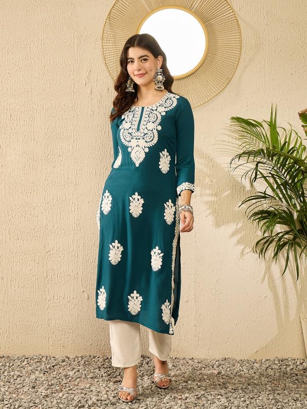 Image of Vaamsi Women's Viscose Rayon Solid Embroidered Straight Kurta | Chikankari Kurta for Women
