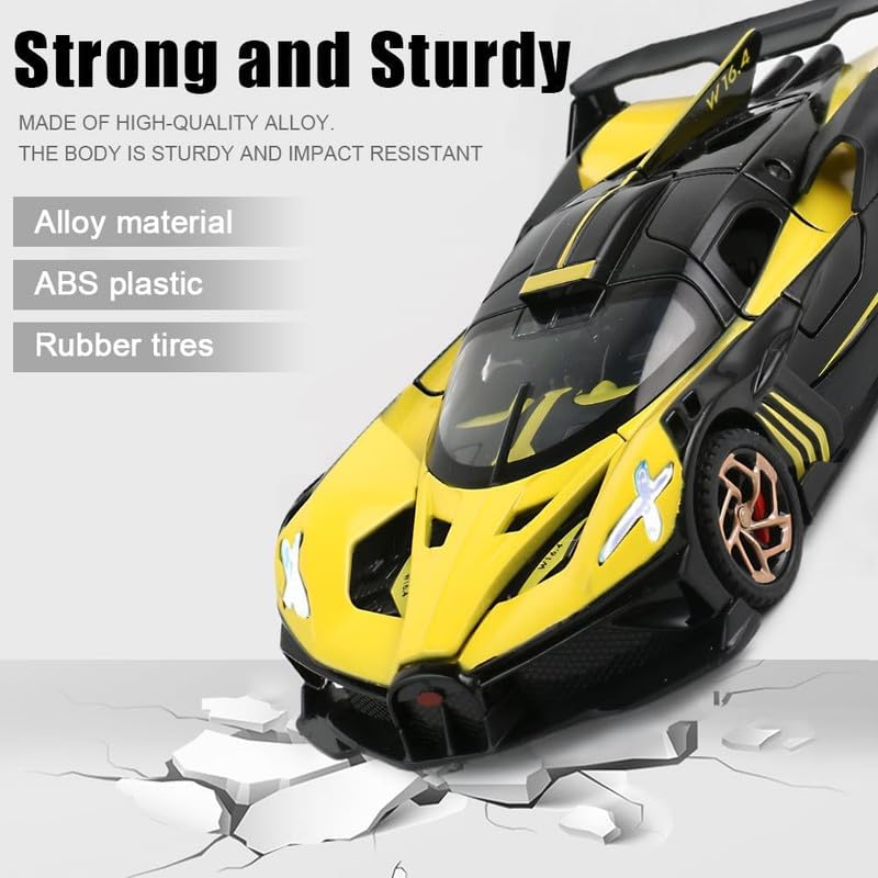 Image of Kids Model 1:24 Big Bugadi Bolide Die Cast Metal Car Pull Back Action Opening Doors with Realistic Engine Sound Lights Toy Car Gift for Boys - Yellow