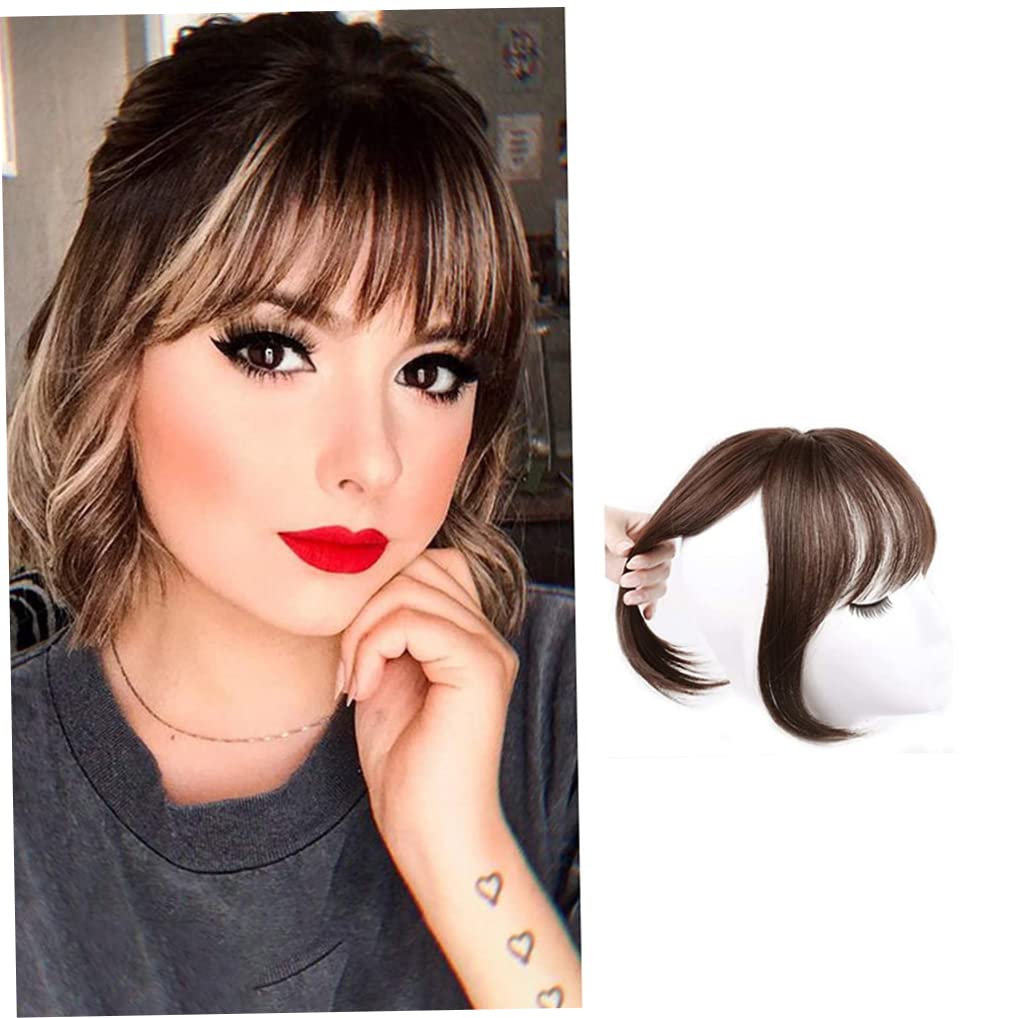 Human Hair Toppers Clip In Crown Toppers With Air Bangs - Straight Hair, Bangs, Mid Part Wiglets - Light Brown, 25 cm