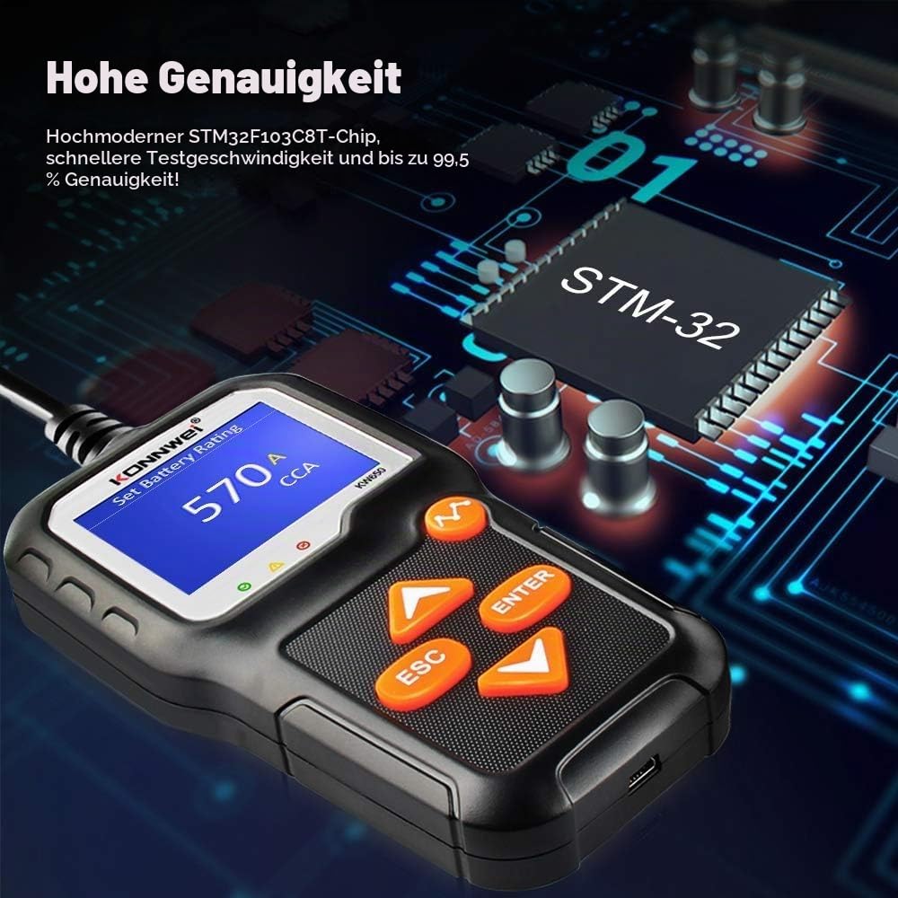 KONNWEI KW650 6V/12V Autobatterietester 100-2000 CCA, Unterstützung 13 Sprachen, 2,4 Zoll Bildschirm, Batterietester Autolade-Startsystem Automobil-Batterieanalysator für Autos, Boot, SUV, Motorrad