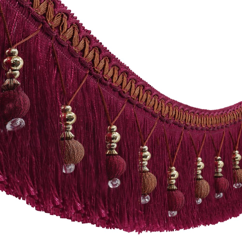 2yards Braided Beads Hanging Ball Tassel Fringe Trimming Applique Fabric Trimming Ribbon Band Curtain Table Wedding Decorated (red)