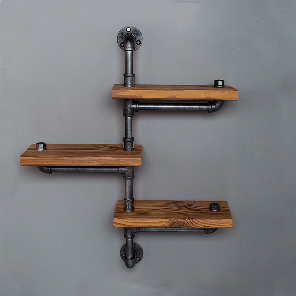 ZHEN GUO 3 Tier Retro Shelf Wall Decor Iron Industrial Rustic Wood & Malleable Iron Pipe Wall Mount Shelf, Heavy Duty Punk Style Black Storage Organizer (Design : Both sides)
