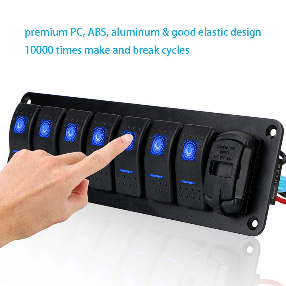Riloer Panel de interruptor de combinación de 8 bandas, 12 V, 24 V, interruptor basculante cerrado impermeable con luz LED y pantalla de voltaje, cargador USB dual de 5 V 4,8 A
