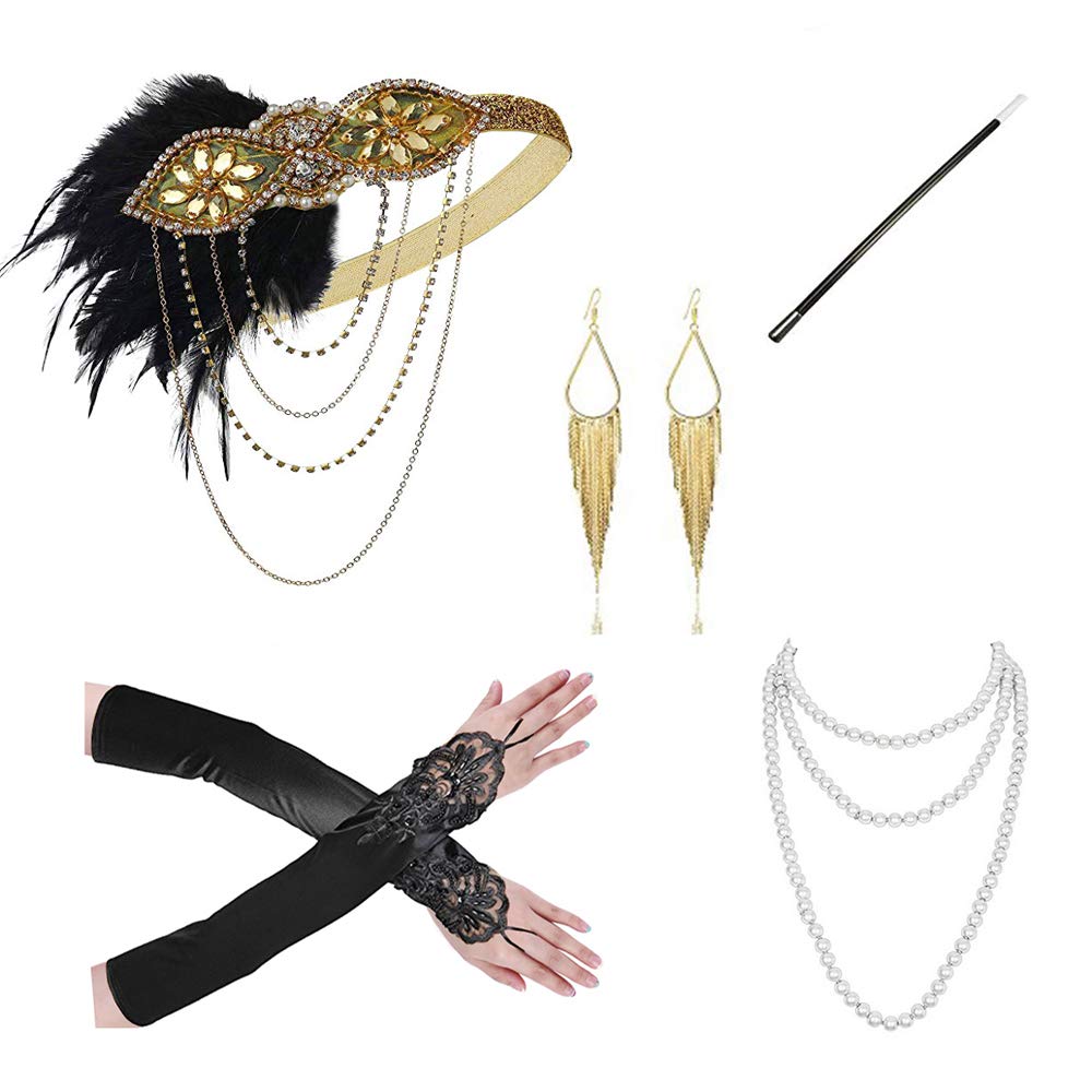 1920s Flapper Gatsby Costume Accessories Set 20s Flapper Headband Pearl Necklace Gloves Cigarette Holder