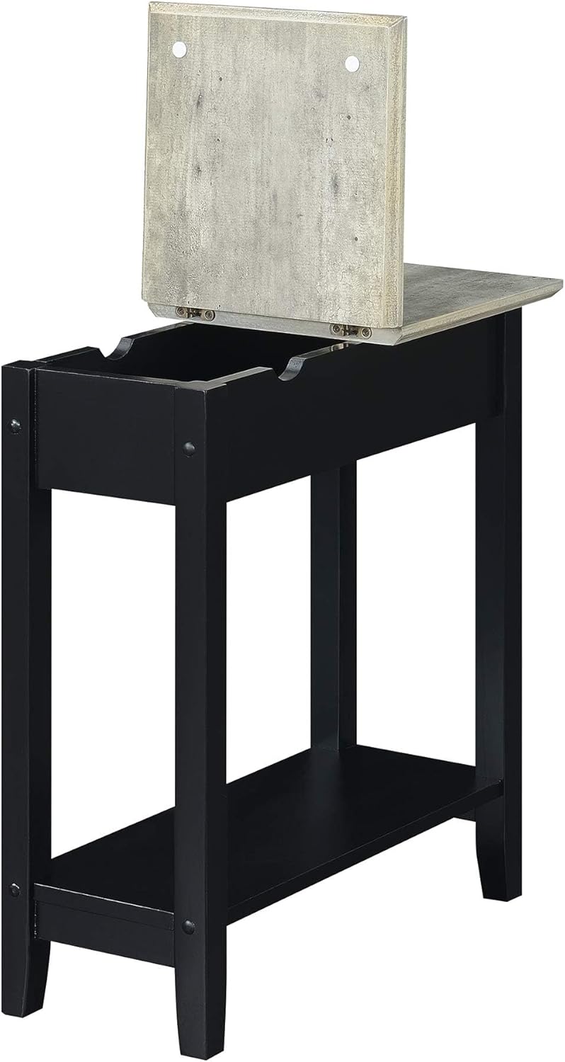 Pemberly Row Modern Wood Flip Top End Table with Charging Station, Black Finish, 23 x 11 x 24 in, USB Ports, Outlet Plug, Cable Management, Concealed Storage, Compact Design for Living Room or Bedroom