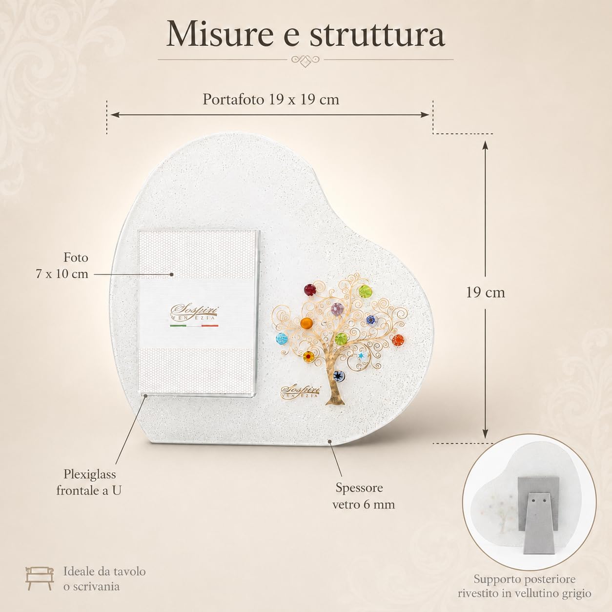 Sospiri Venezia Portafoto Vetro Murano Cornice a Cuore Decorazione Albero della Vita con Murrine Supporto da Scrivania o Tavolo Foto 7x10 cm Idea Regalo Made Italy (19x19 cm)