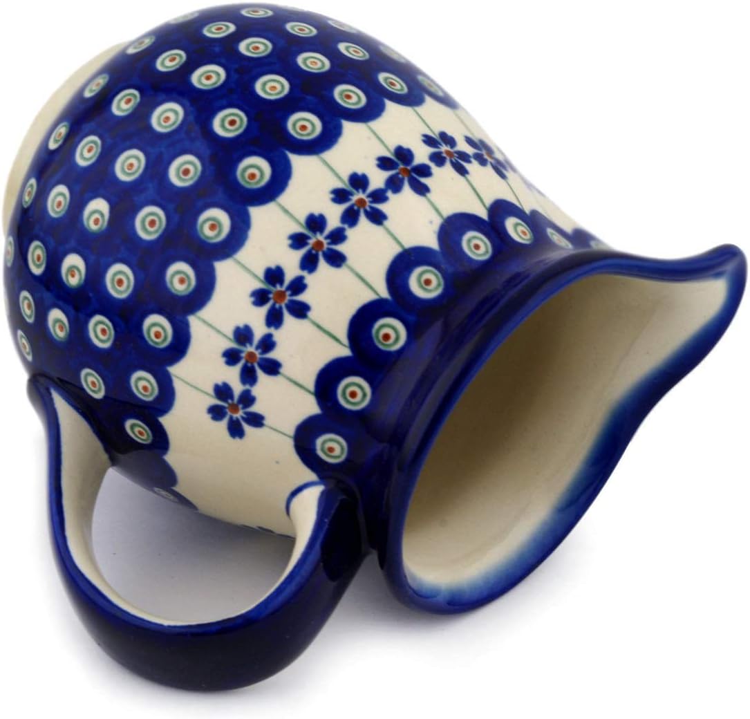 Polmedia Polish Pottery Pitcher - Flowering Peacock Pattern Handmade in Boleslawiec Poland + Certificate of Authenticity