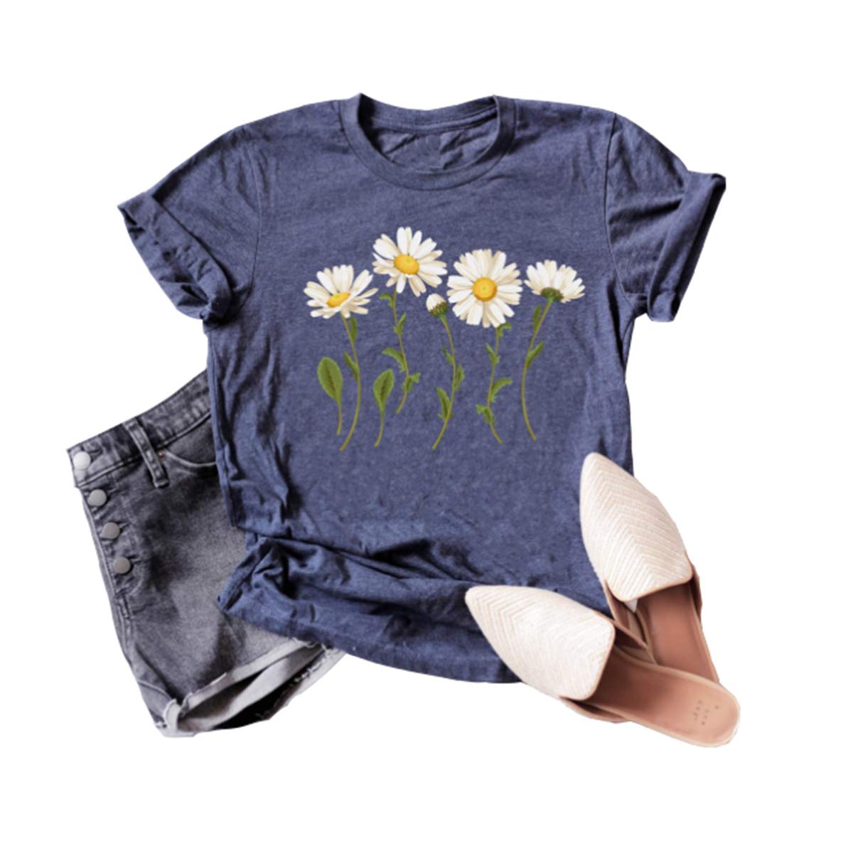 DORFALNEWomen's Fun Wildflower Graphics T-Shirt Summer Round Neck Short Sleeve Casual Tees Tops