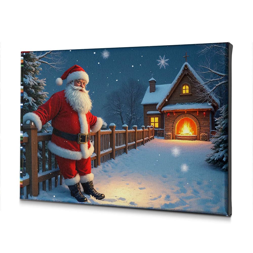 Tableau de Père Noël avec cabane enneigée et feu pour déco de salon - 4