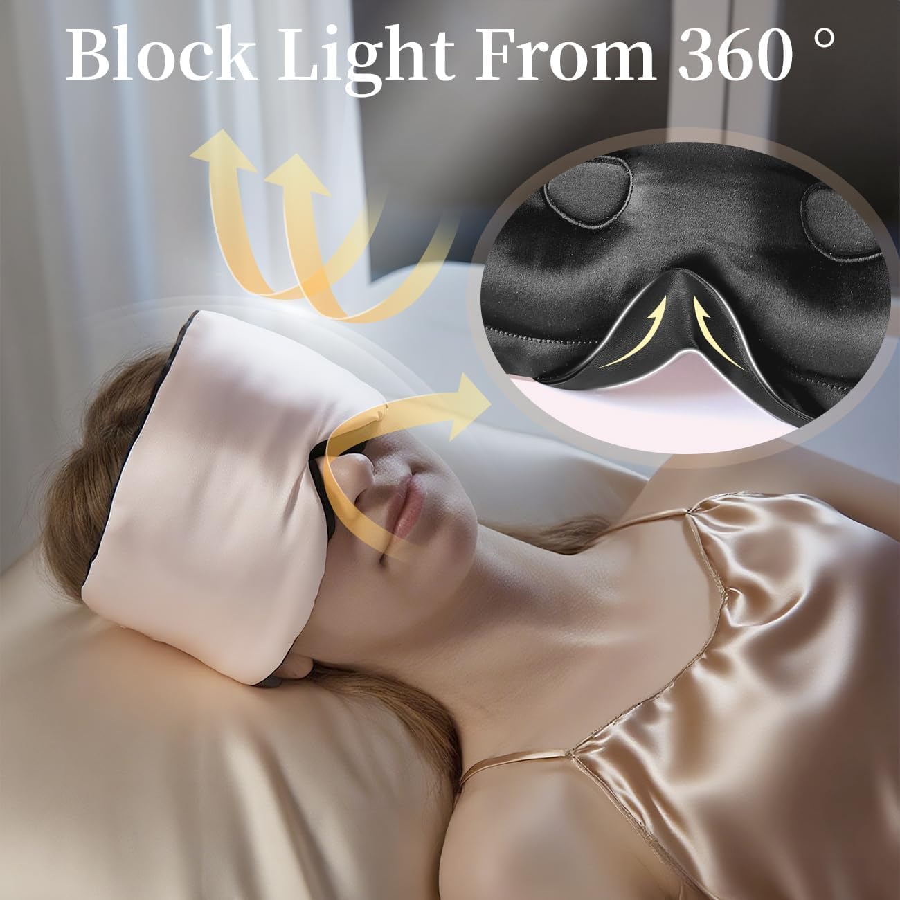 USlixury Silk Sleep Mask, 3D Contoured Sleeping Masks, Blackout Sleep Masks for Women with Nose Wing,100% Mulberry Silk, Face-Hugging Non-Slip SLEP Mask for Side Sleeper, 27.5x4.5'', Peach