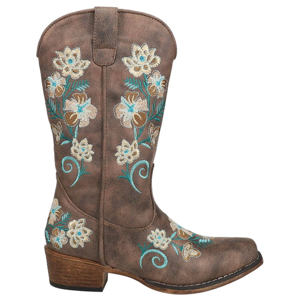 Roper Womens Riley Floral Embroidered Snip Toe Casual Boots Mid Calf Low Heel 1-2 - Brown