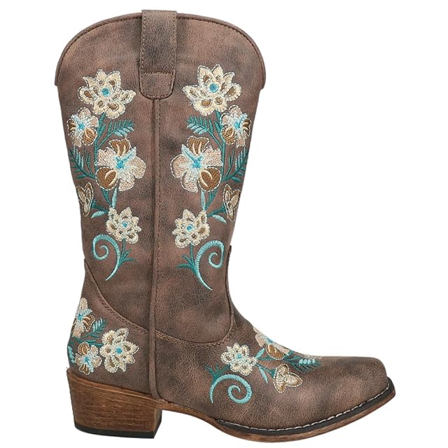 Roper Womens Riley Floral Embroidered Snip Toe Casual Boots Mid Calf Low Heel 1-2 - Brown