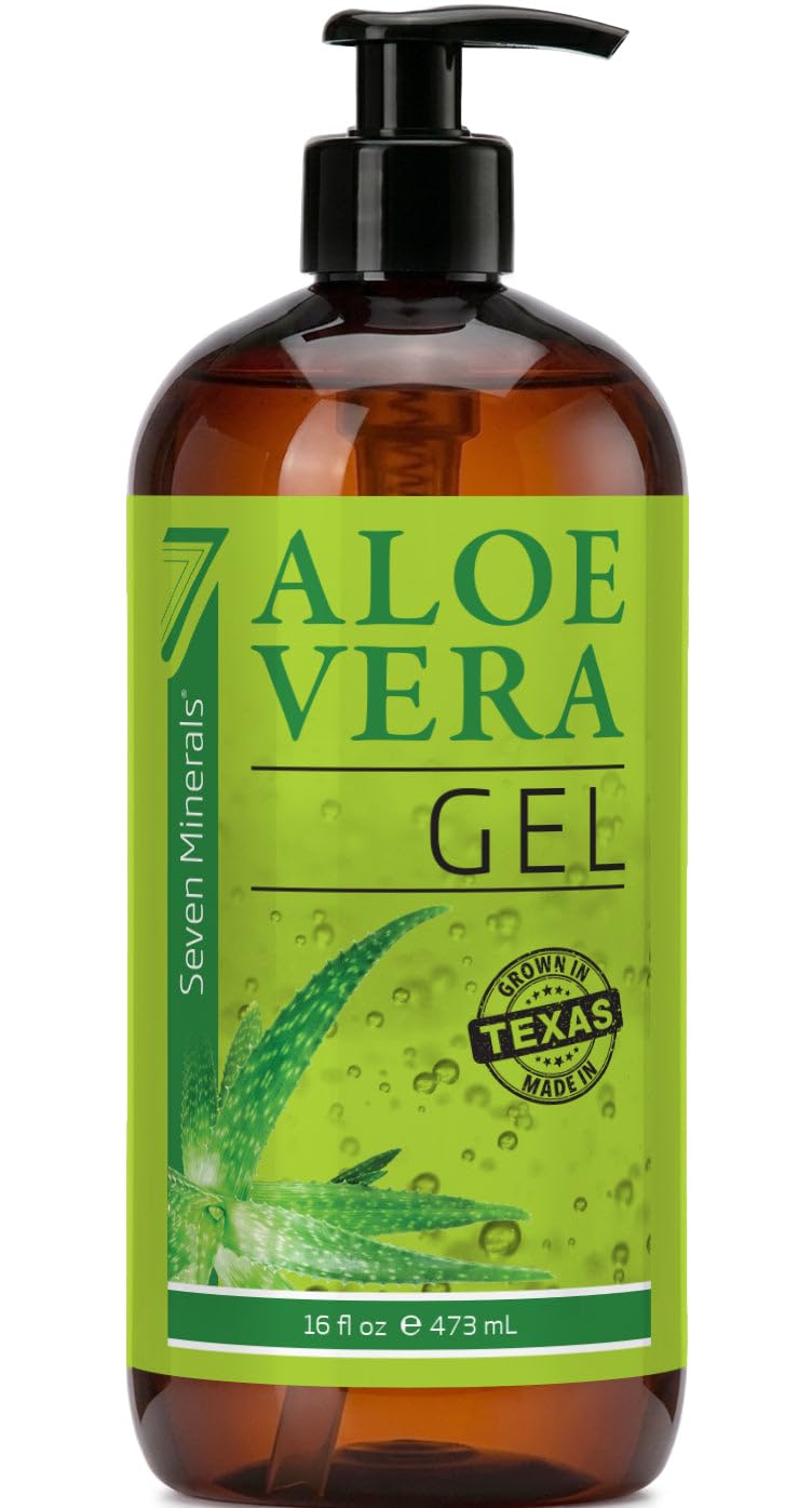 Seven Minerals Aloe Vera Gel from Freshly Cut Organic Aloe - 16oz with Pump | Texas grown Organic Aloe (98.7%), Vegan, Unscented - For Face, Skin,
