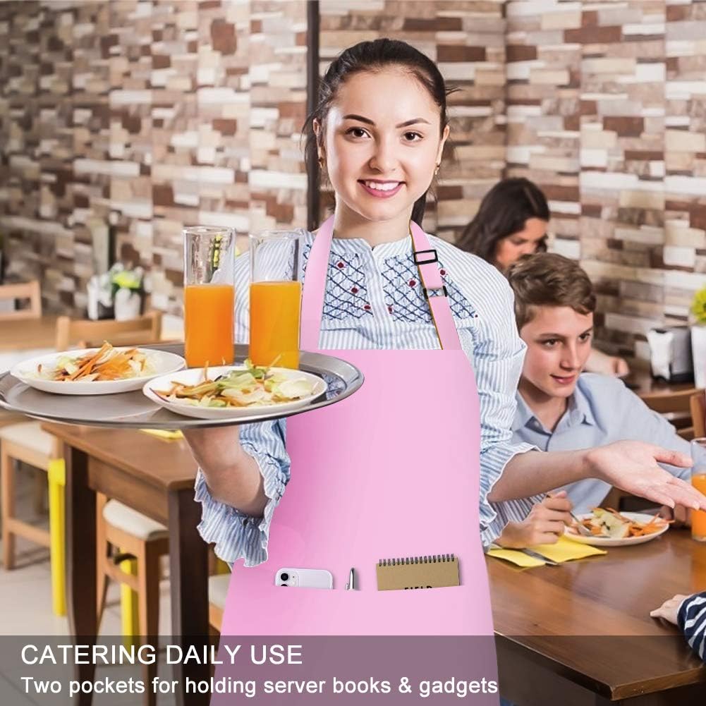 Jubatus 2 Pack Bib Aprons with 2 Pockets Cooking Chef Kitchen Apron for Women Men, Pink - Image 5