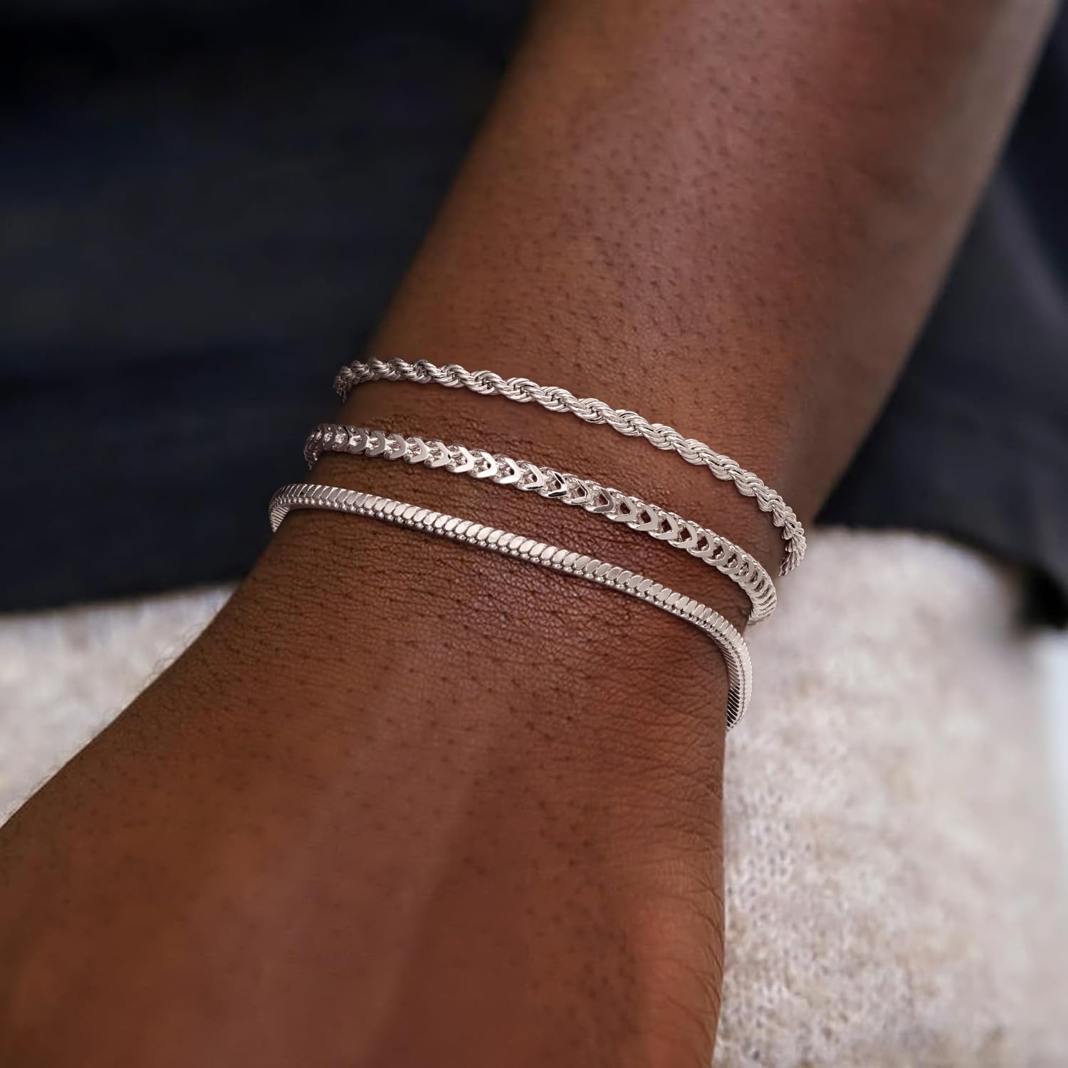 3 Pcs Stackable Braclet for Men, Dainty Silver Plated Chain Bracelet for Men Non Tanish Simple Cuban Snake Rope Link Chain Bracelet Set for Mens Jewelry 6.5/7/7.5/8/8.5/9 Inches