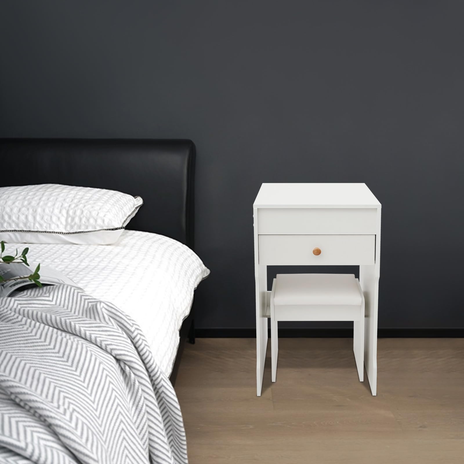 Tocador de pie con espejo plegable y silla, 1 cajón, 1 compartimento de almacenamiento plegable con separadores, mesa de maquillaje de MDF, capacidad de carga de 90 kg, ahorra espacio para dormitorio