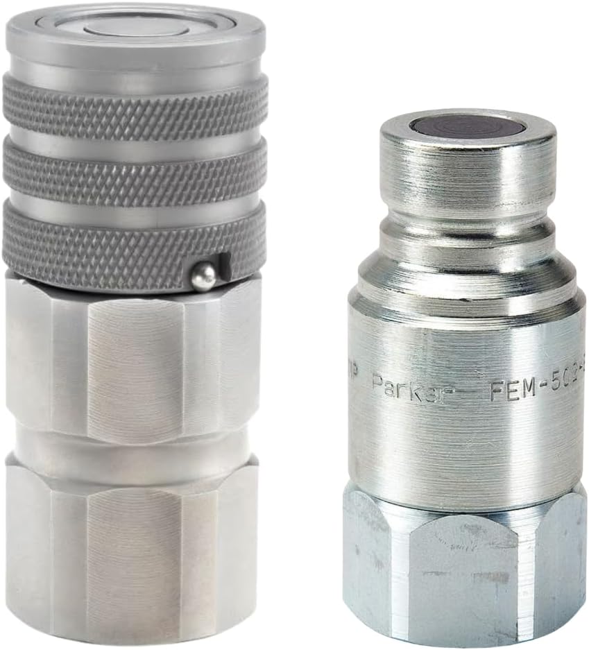 Parker FEM-502-8FO & FEM-501-8FO Flat-Face Hydraulic Quick-Connect Coupler Set – ISO 16028, 1/2″ Body, 1/2″ Female O-Ring (ORB) Thread – Steel Construction for Skid-Steers & Implements