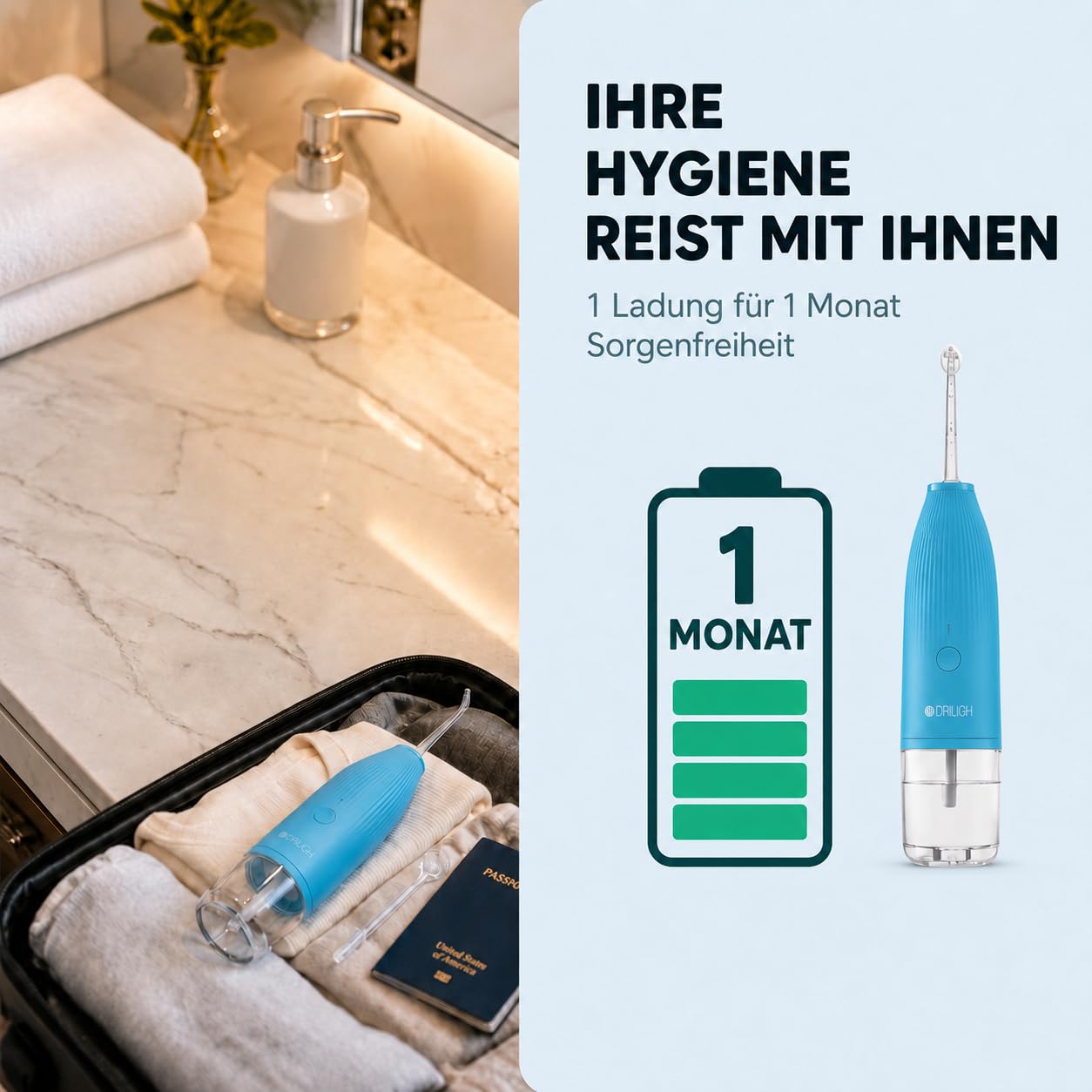 Hydro-Go Zahnzwischenraumreiniger, kabellos, mit integriertem Zungenreiniger, tragbar, wasserdicht, 1 Monat Laufzeit | Biotech Dental, Nr. 1 des Implantats | kabellos, kompakt | 100 ml Tank | Zungenreiniger inklusive | Akku | USB-C