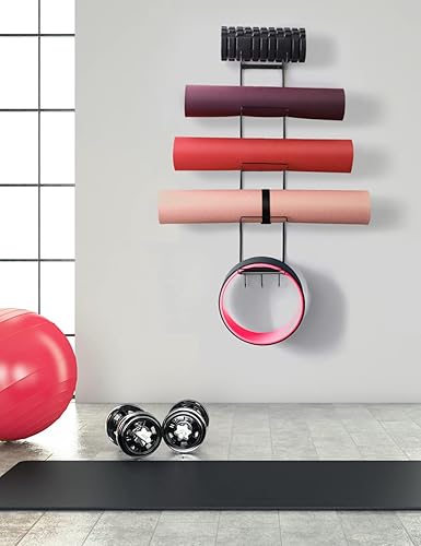 Miniatura 4 de 5-Tiers Yoga Mat Holder Wall Mount, Metal Storage Rack for Yoga MatWheels, Foam Roller and Block etcs, Wall Rack Organizer with 3-Hooks for Hanging
