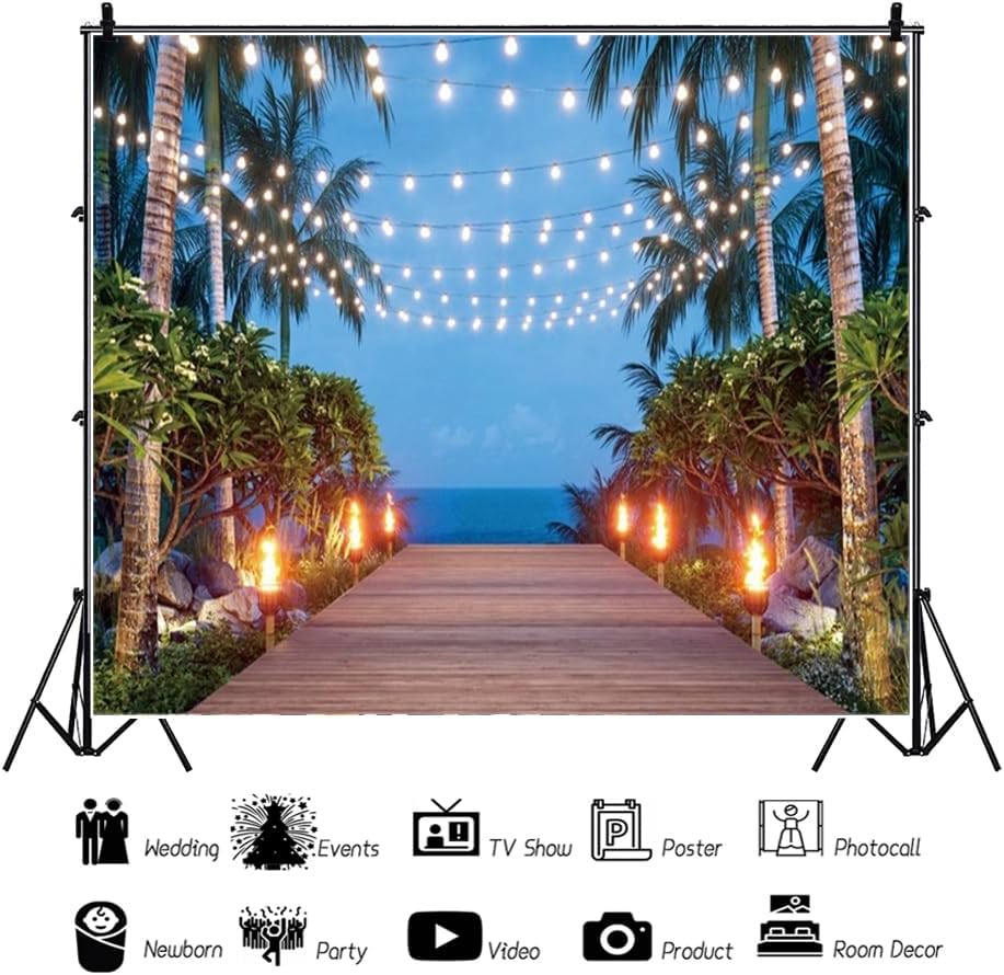 Summer Beach Backdrop 10x10ft Tropical Palm Sparkle Walkway Hawaii Seaside Photography Background Natural Summer Holiday Party Decorations Portrait Photoshoot Photo Booth Props