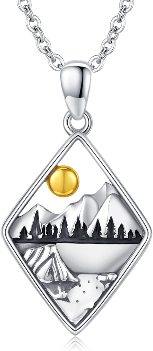 Cuoka Mountain Necklace For Women S925 Sterling Silver Oxidized Retro Nature Sun and Forest Mountain Pendant Necklaces Jewelry Gifts For Hikers Climbers Nature Lover Mother's Day Jewelry Gifts