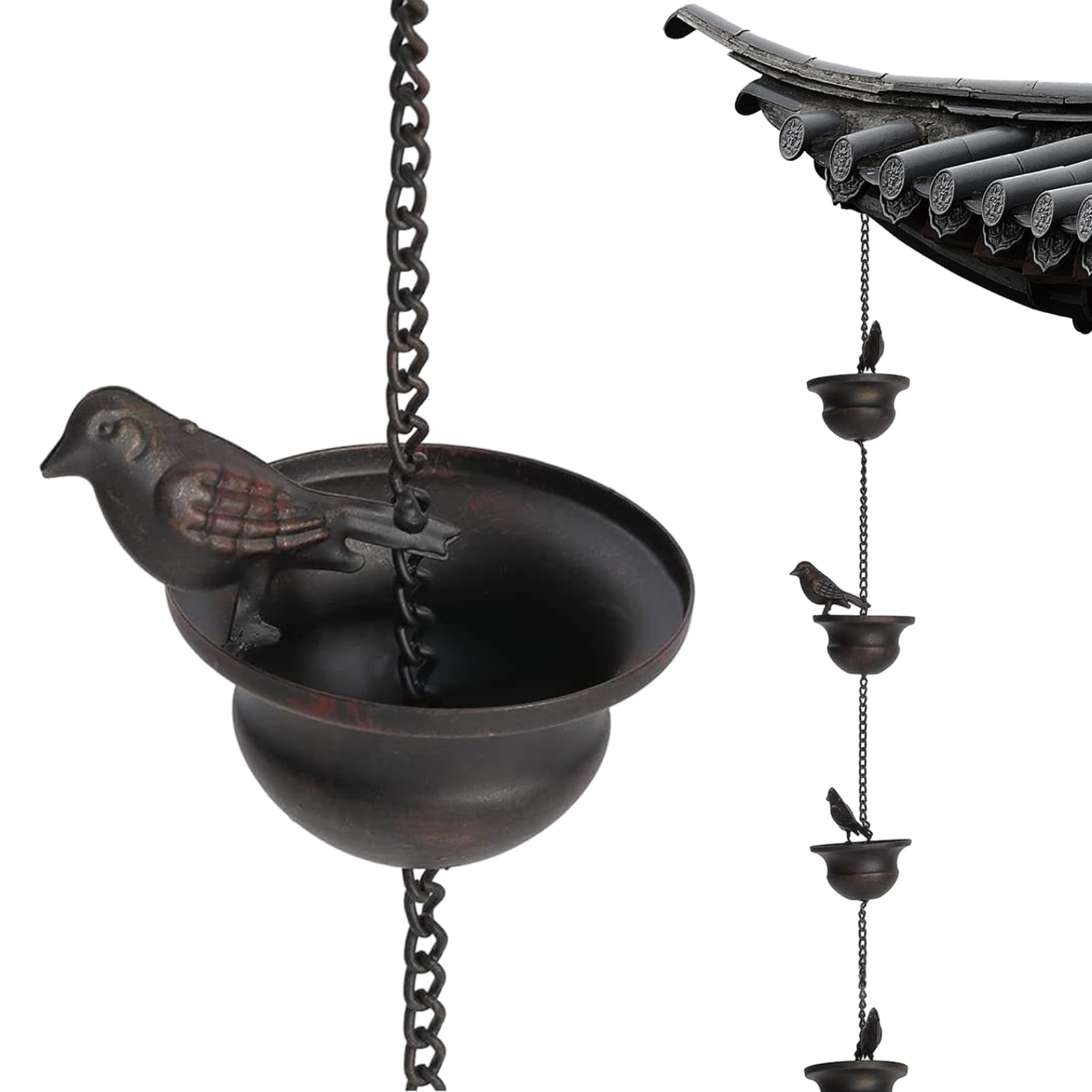 Chaîne de pluie, chaînes de pluie à oiseaux en métal de 2,4 m pour les chaînes de pluie suspendues à l'extérieur et à suspension mobile pour gouttières, capteurs de pluie décoratifs à la rouille pour