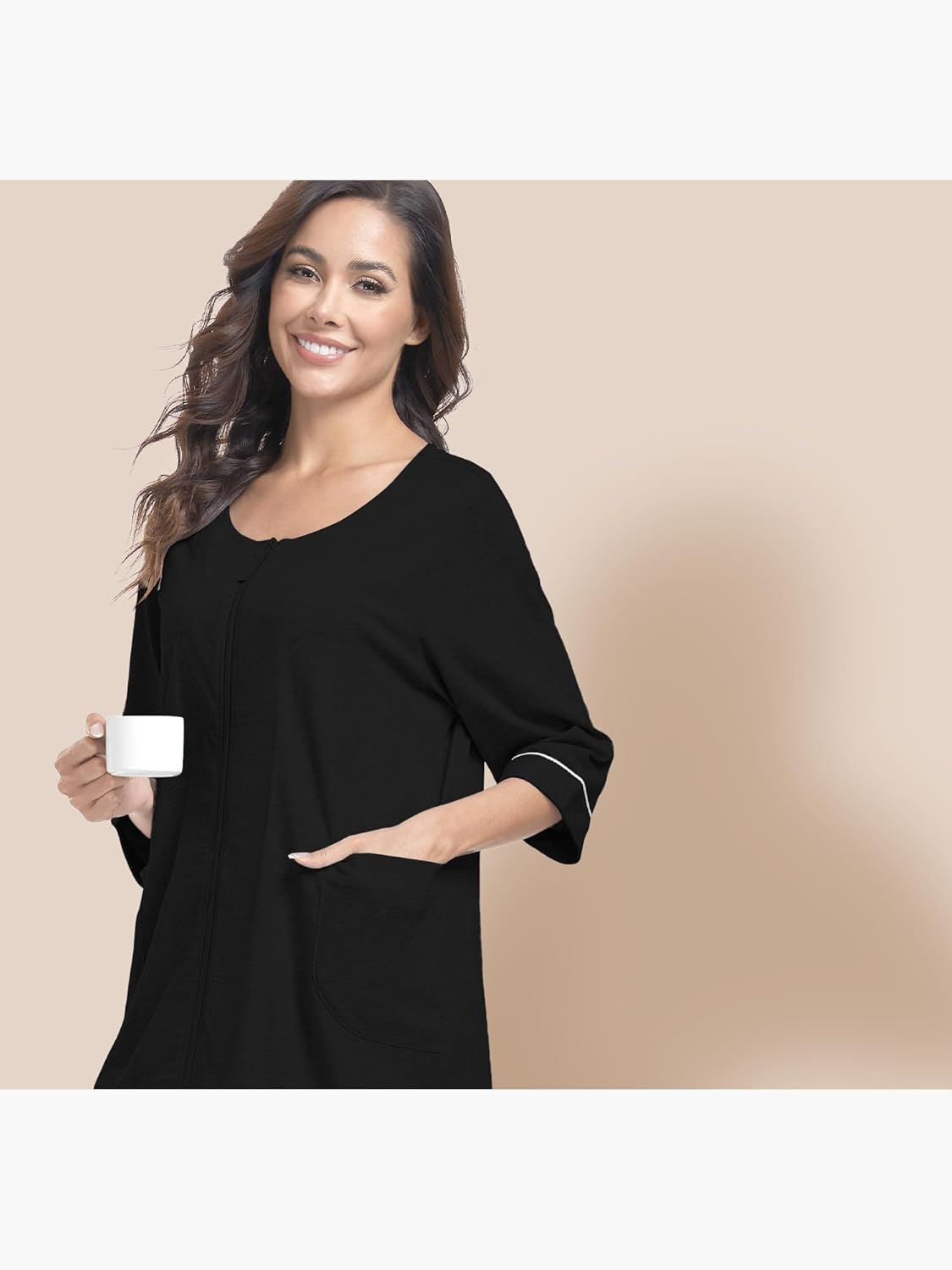 EA'S SECRET 100% Cotton Robe for Women 3/4 Sleeve Zip Front Robes Comfy Breathable Soft Women's Cotton Housecoat - Image 2