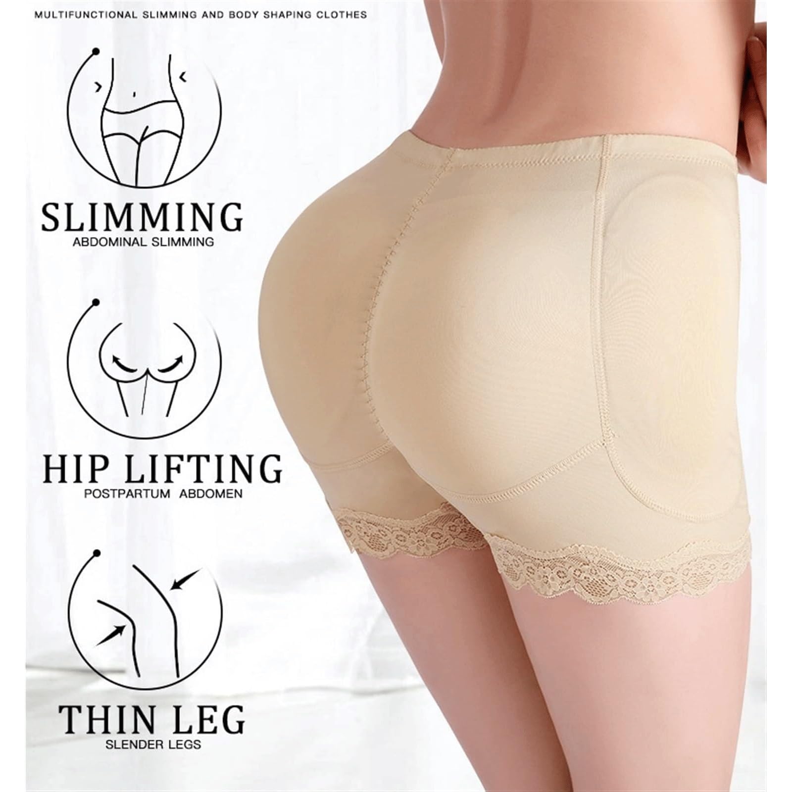 Steuerhöschen for Damen, Spitzenbesatz, Anti-Scheuern, Shapewear-Shorts, nahtloser Po-Heber, Bauchkontrolle, Boyshort unter dem Körper(Skin1Pcs,Large)