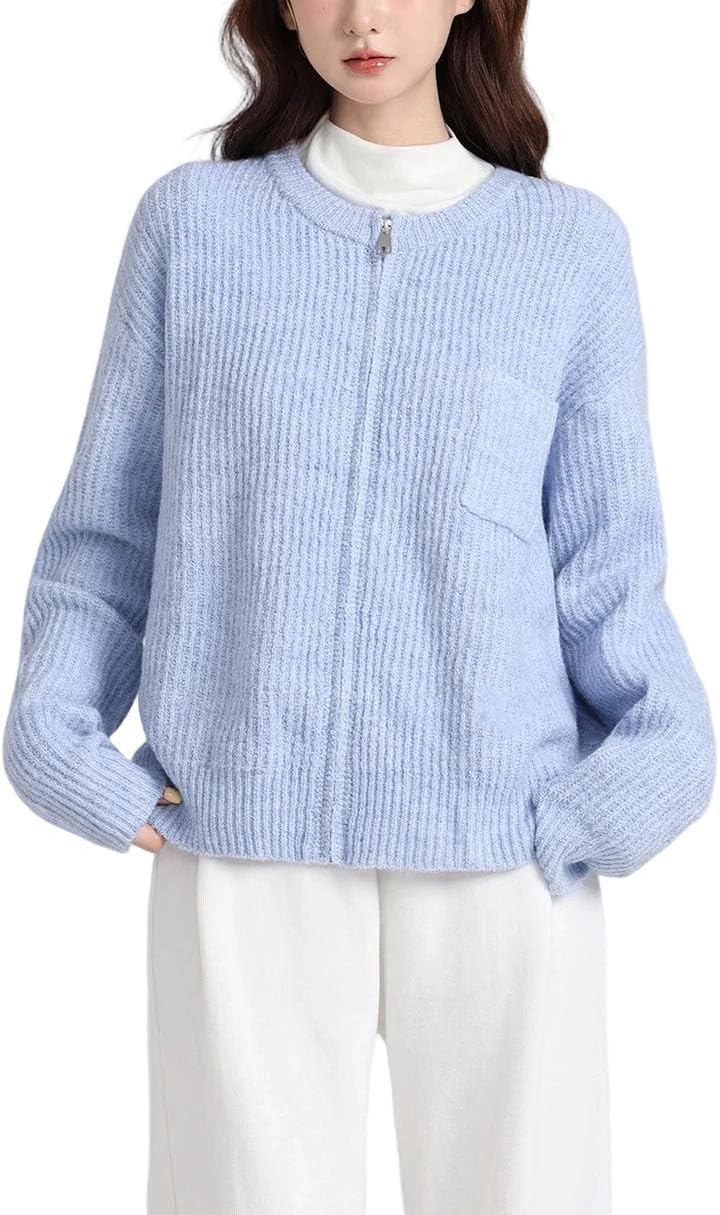 Women Round Neck Zipper Sweater Loose and Lazy Style Knitted Cardigan Top