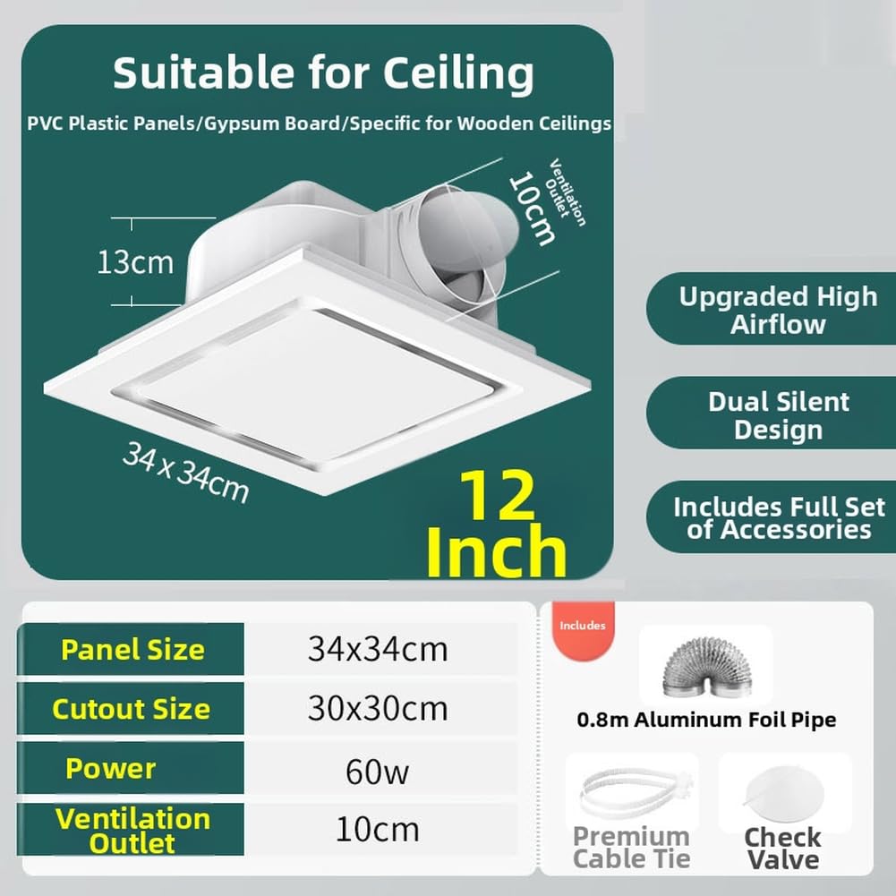 Extracteur d'air Silencieux 12 Pouces avec Clapet Anti-retour pour Salle de Bain - Ventilateur de Plafond ABS 110 CFM Économe en Énergie(12IN-B)