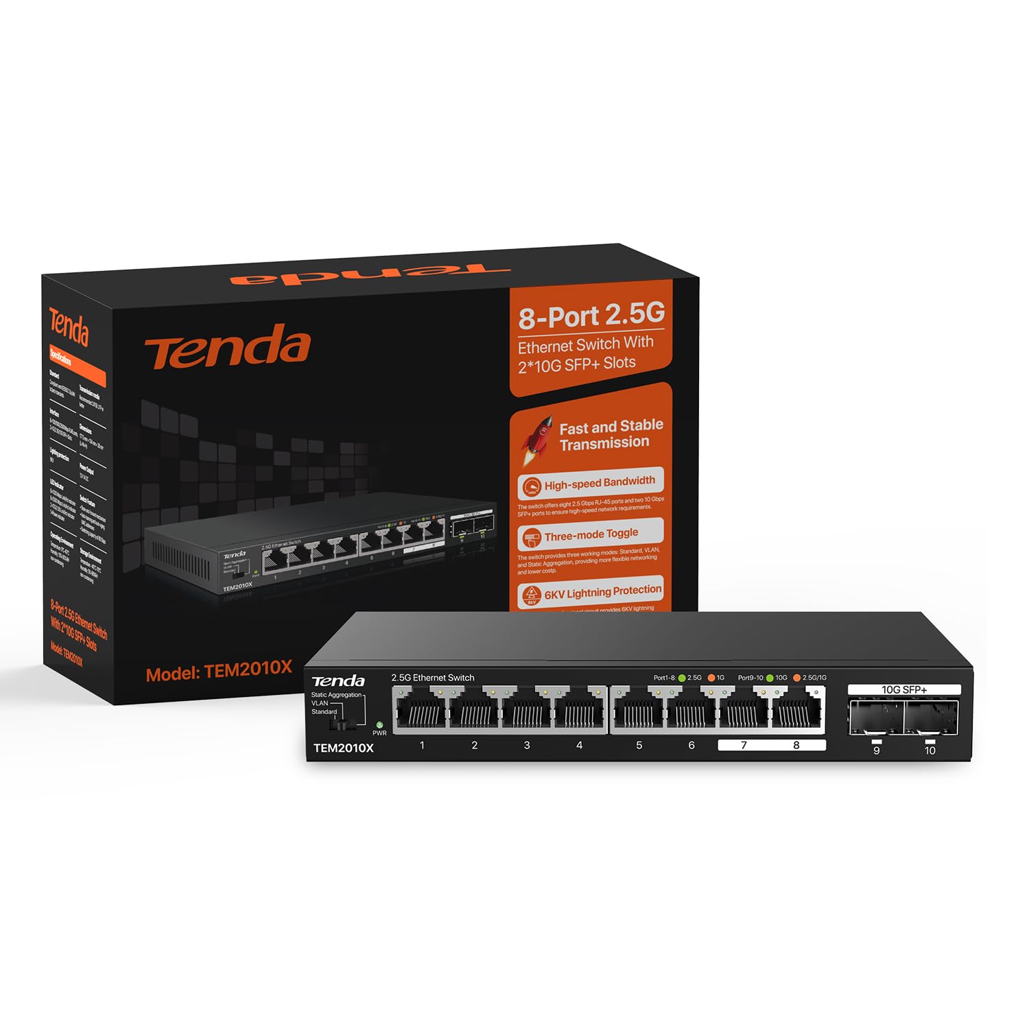 Tenda Switch 2.5 Gigabit, Switch Ethernet 2.5Gbps, 8 Ports RJ45 2.5G, 2 Ports SFP+ 10G (VLAN, Agrégation Statique, Non Manageable, Plug and Play, Montage sur Bureau ou Mural, Métal) (TEM2010X)