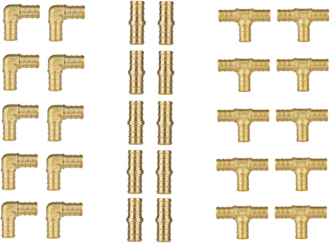 30 PCS 1/2 Brass PEX Fittings 10 Each Elbow, TEE, Couple Reducer
