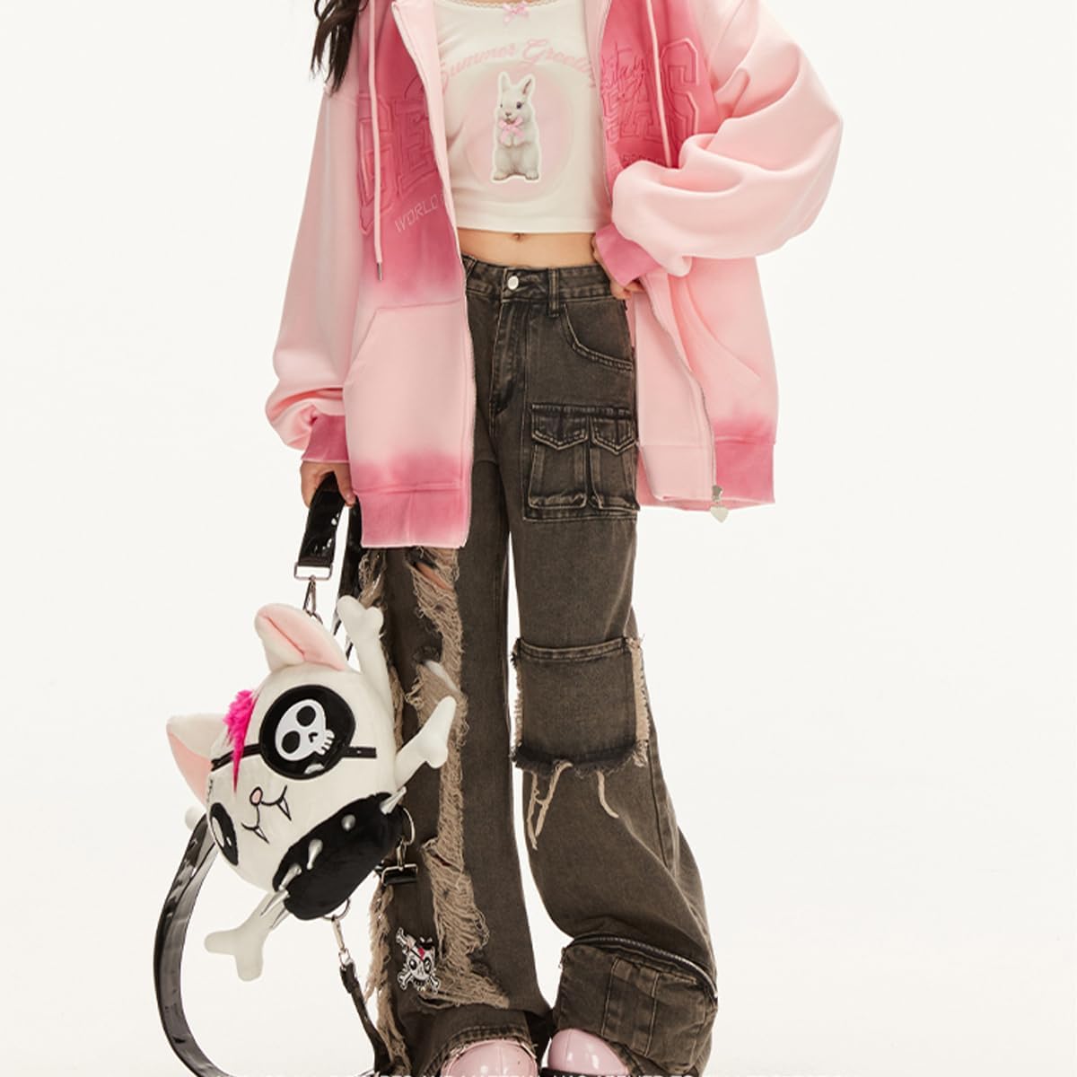 Fashion High Waist Baggy Wide Leg Fringe Ripped Jeans Y2K Vintage Casual Straight Denim Pants with Pocket - Image 8