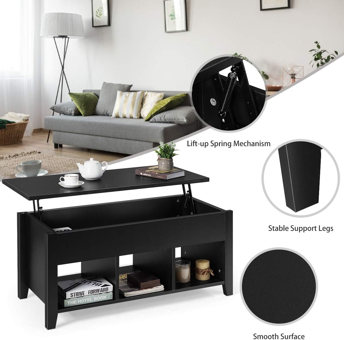 Tangkula Lift Top Coffee Table, Wood Home Living Room Modern Lift Top Storage Coffee Table w/Hidden Compartment Lift Tabletop Furniture (Black)