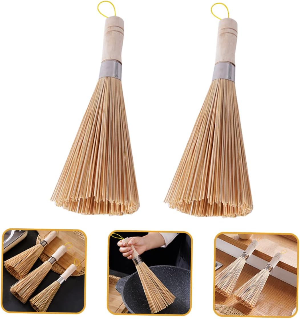 COLLBATH Bamboo Pot Brush Set 2 Large Brushes for Skillet Frying Pan Dishwashing Sink Cleaning Bamboo Wok Brush Multi-Use Kitchen Tool