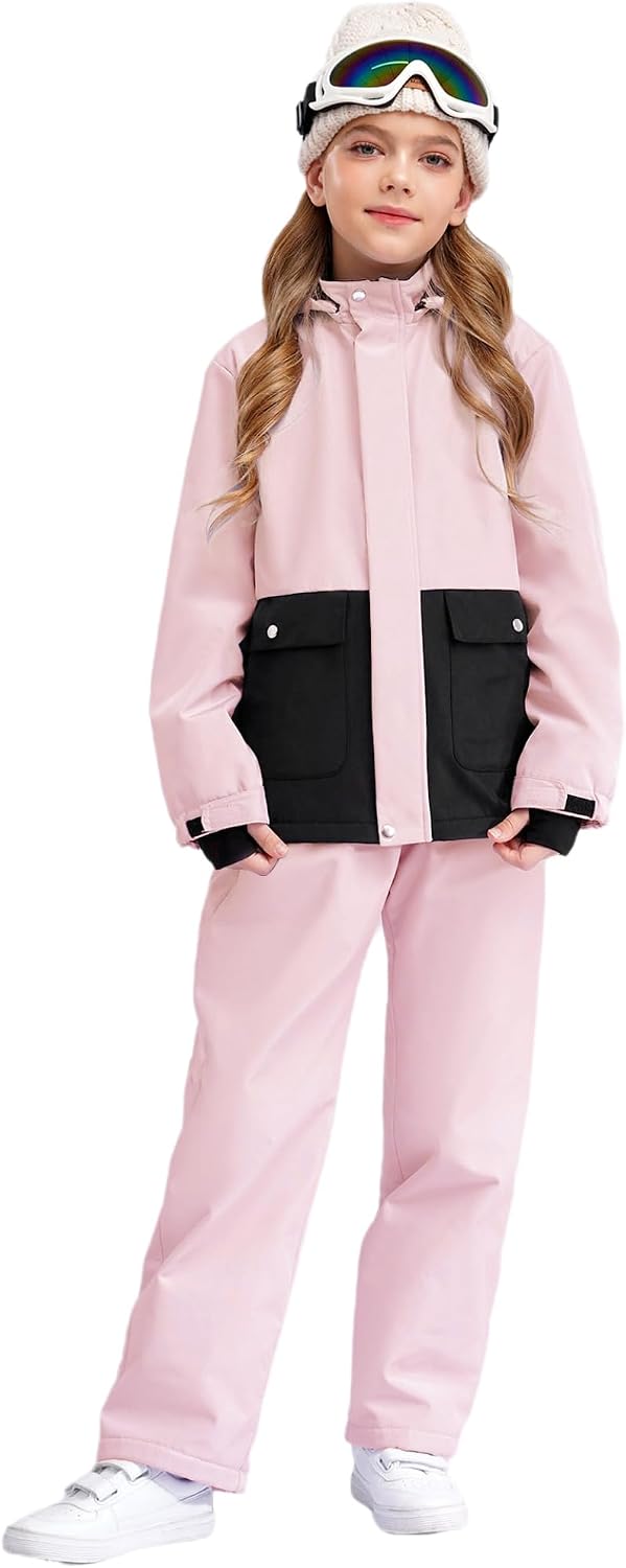 Jugaoge Kids Girls Warm Snowsuit Winter Windproof Snowboarding Ski Suit Hooded Snowmobile Coat with Pants Set