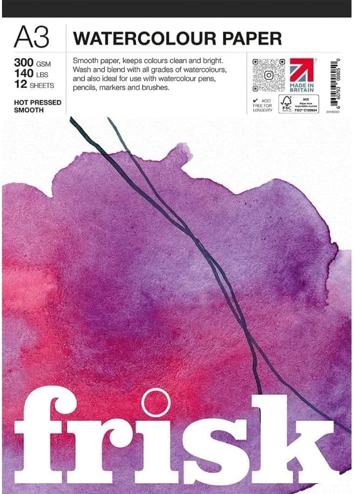 Frisk Watercolour Paper Pad 300gsm Hot Pressed/Smooth 12sheets A3, White
