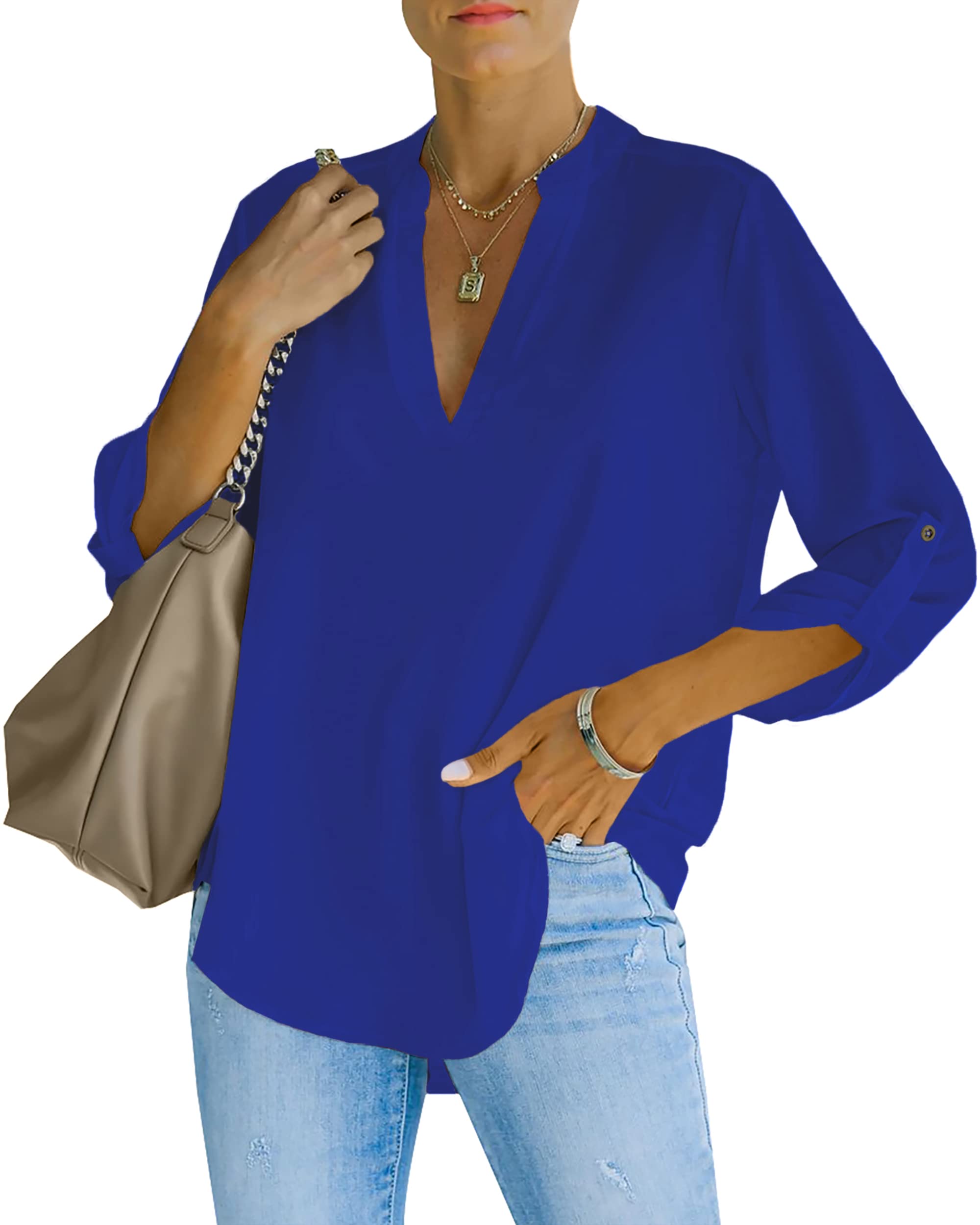 NONSAR Camicetta da donna Henley, elegante, con scollo a V, maniche arrotolabili, in stile casual