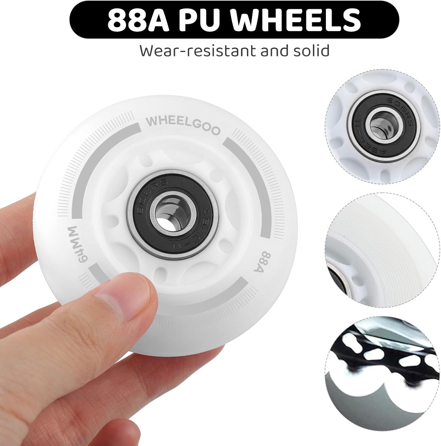 8-Pack LED Light Up Inline Skate Wheels for Kids & Teens, No Battery, PU Wheels with 608RS Bearings, Evening & Night Skating (White, 64mm)