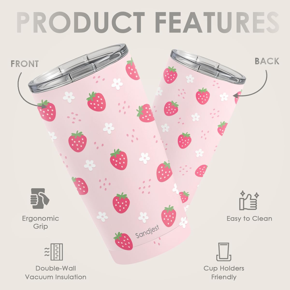 SANDJEST Strawberry Tumbler 20oz, Stainless Steel Travel Cup with Lid, Insulated Coffee Mug, Strawberry Gifts for Women Girls Friends Sisters on Birthday Christmas - Image 2