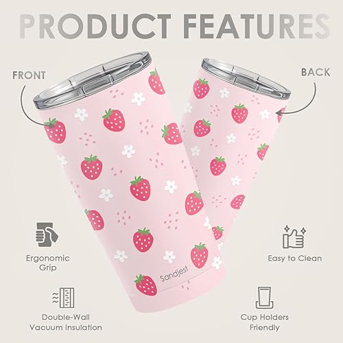 Miniatura 2 de Vaso de fresa de 20 onzas, taza de viaje de acero inoxidable con tapa, taza de café aislada, regalos de fresa para mujeres, niñas, amigas, hermanas