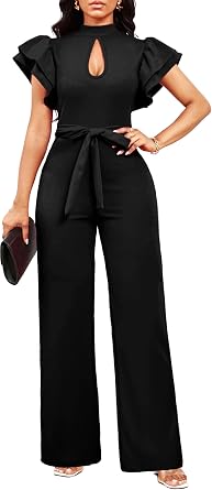 SxClub Jumpsuits for Women Dressy Formal Ruffle Long Straight Pants Jumpers | Womens Wedding Guest Jumpsuit Casual Ruffles Cap Short Sleeve Wide Leg Pants Club Outfit