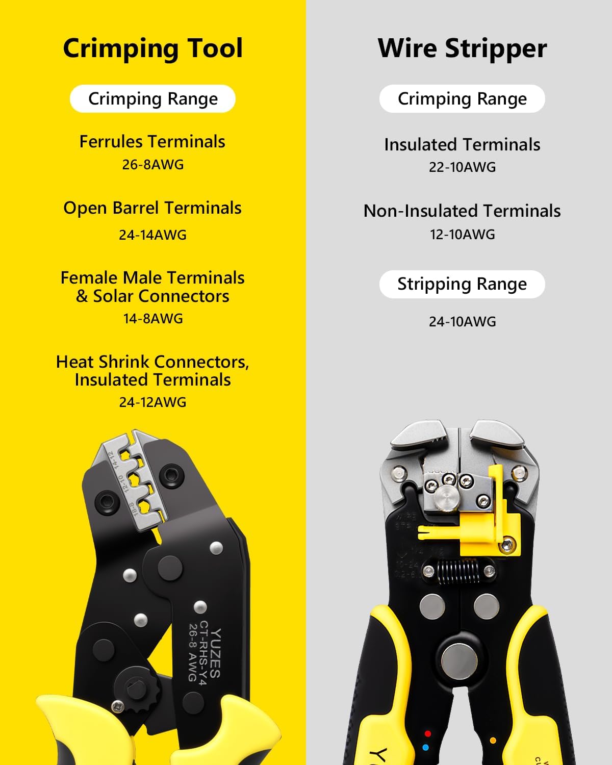 YUZES Automatic Wire Stripper and Crimping Tool Kit for Heat Shrink, Insulated Terminals, Open Barrel, Ferrule, Female Male & Solar Connectors - Ratcheting Wire Crimper with 4 Replace Dies (24-14AWG)