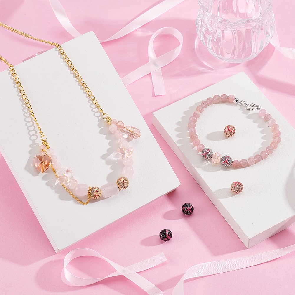 PH PandaHall 4 Colors 8pcs Rhinestone Beads 10mm Cubic Zirconia Beads Breast Cancer Awareness Charms Spacer Beads Glitter Diamond Craft Beads Pink Ribbon Beads Charms for Jewellery Making - Image 2