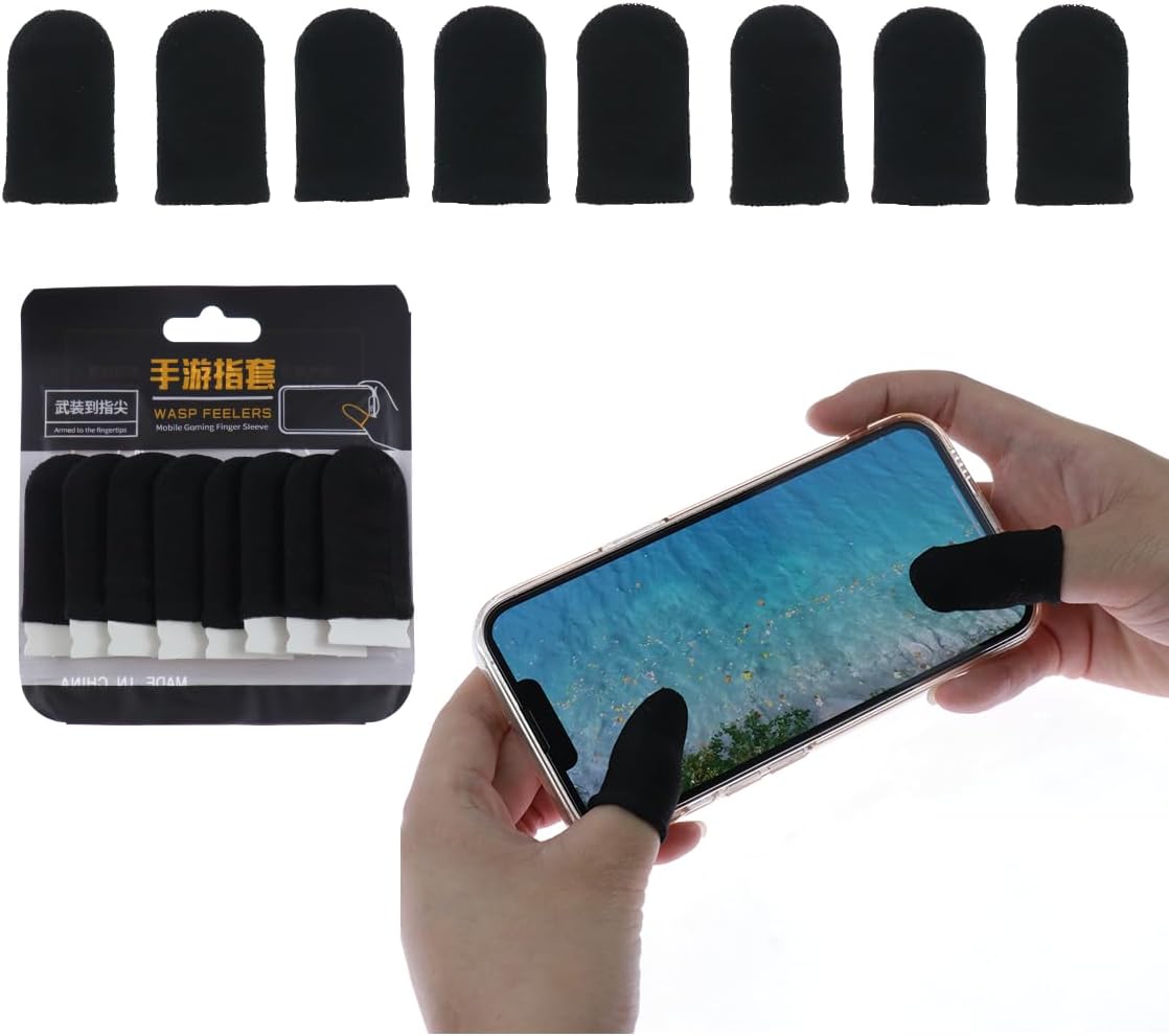 VI-FA 8 Pieces Black Gaming Finger Sleeves - Breathable Anti-Slip Seamless Thumb Covers, High Sensitivity Touchscreen Gloves for Mobile Gamers, Reusable & Washable for All Smartphone