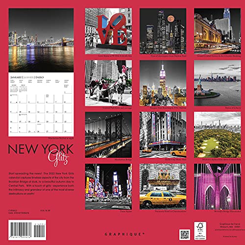Image of Graphique 2022 New York Glitz Wall Calendar | 12 inch x 12 inch | Thick Paper | Home & Office Organizer | Large Monthly Grid | 3 Languages & Marked Holidays | 4 Month Preview Page for 2023